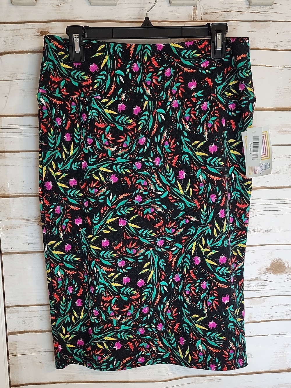 LuLaRoe Black Floral Pencil Skirt with Teal, Pink & Yellow Accents Size Large
